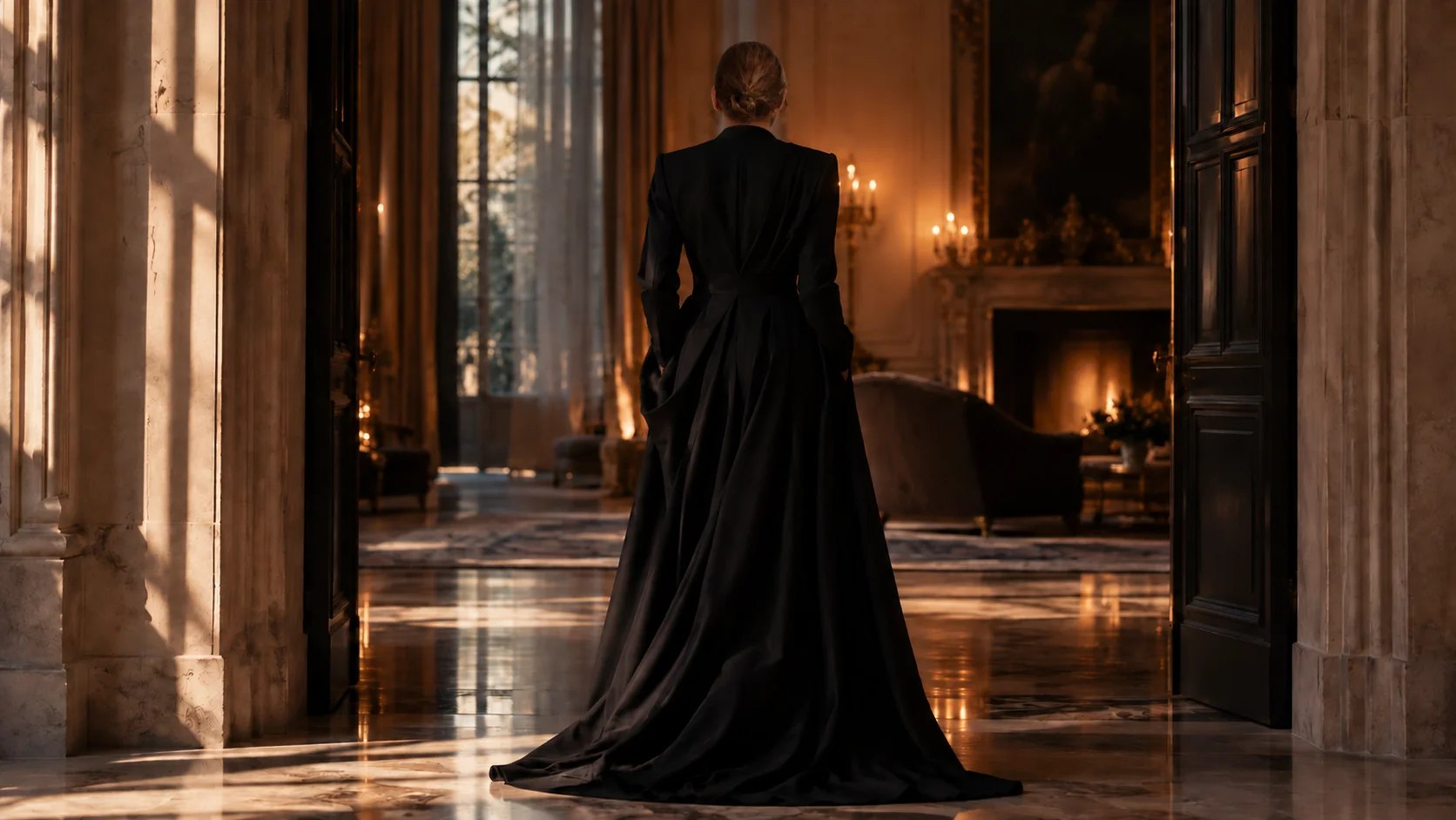 Figure in a black couture gown seen from behind at the entrance to a private salon