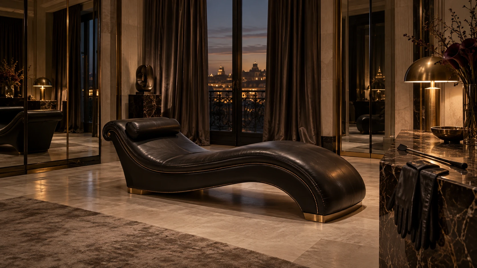 Black leather chaise longue in a private salon; gloves and a riding crop on the side table